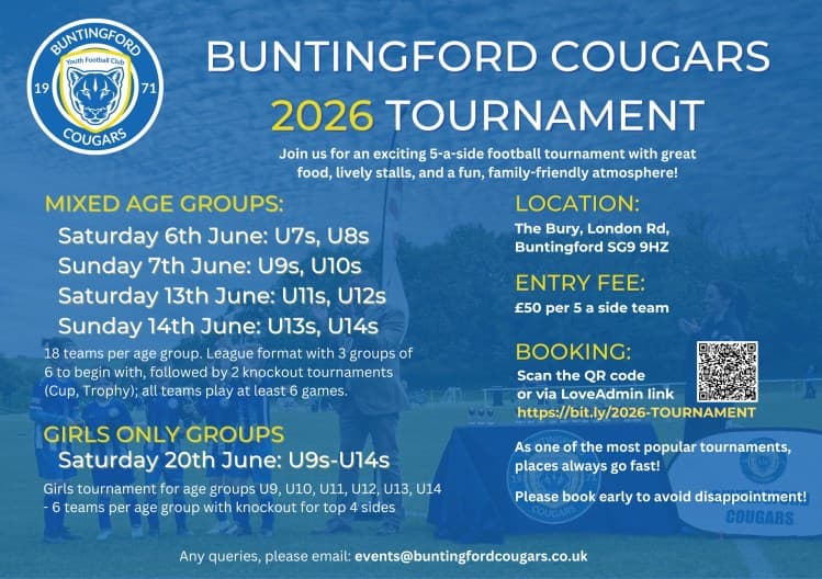 Buntingford Cougars 2026 5-a-Side Tournament - GIRLS ONLY flyer